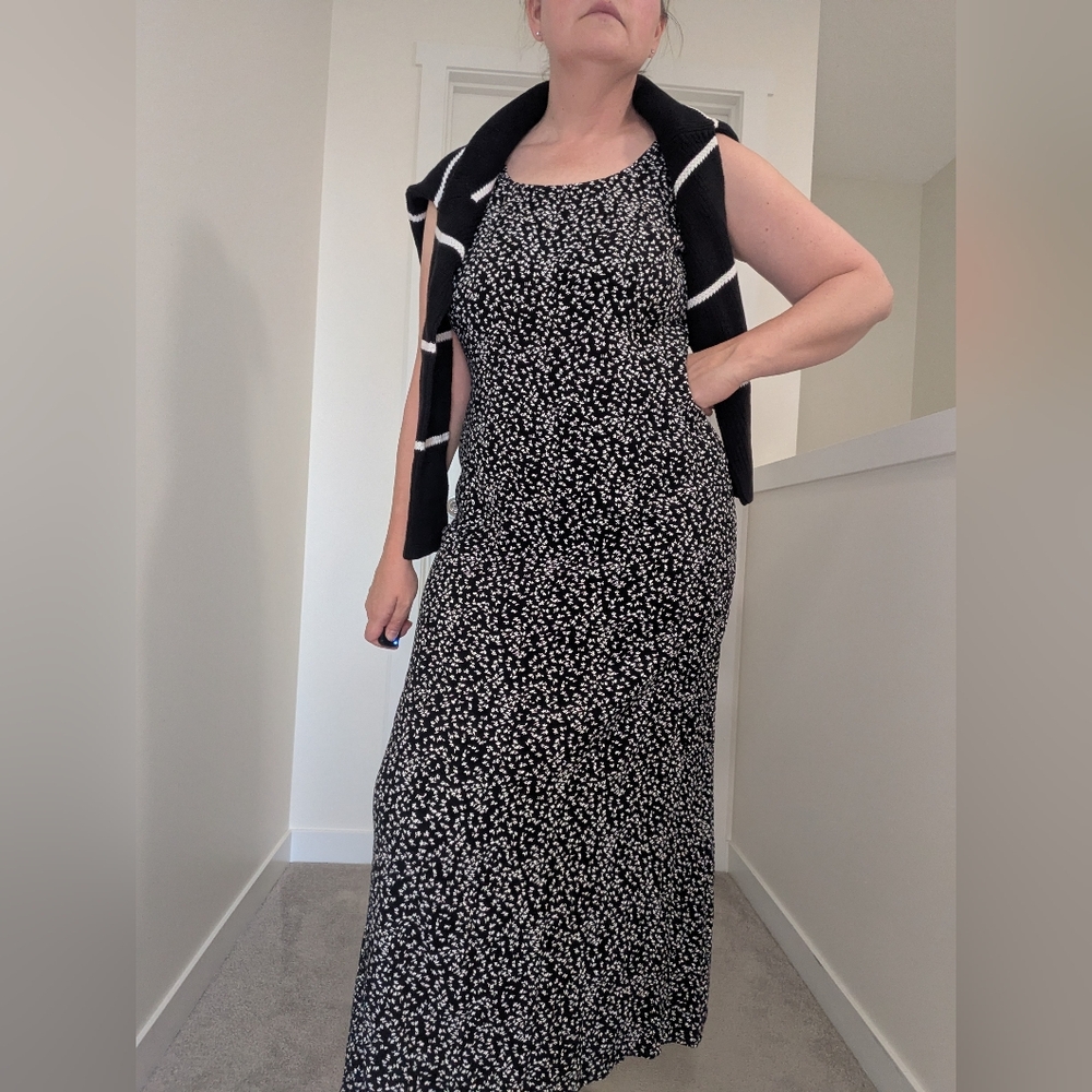 90's Floral Bias Cut Dress Black and White ditzy print